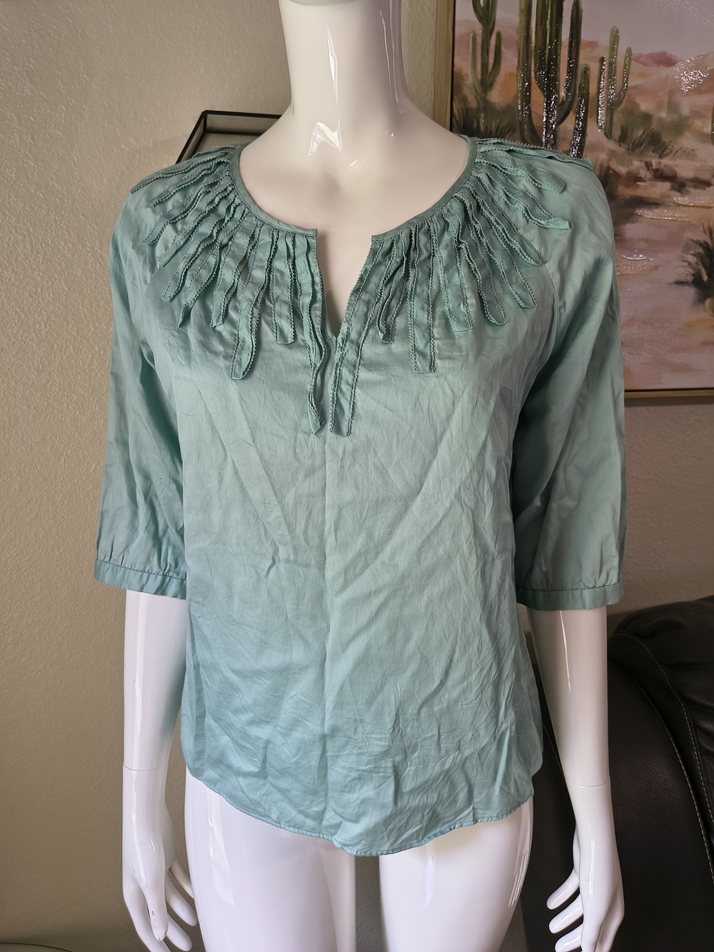 Talbots Petite Teal Green Cotton Sateen Braided Ruffle Neck Blouse Size SP